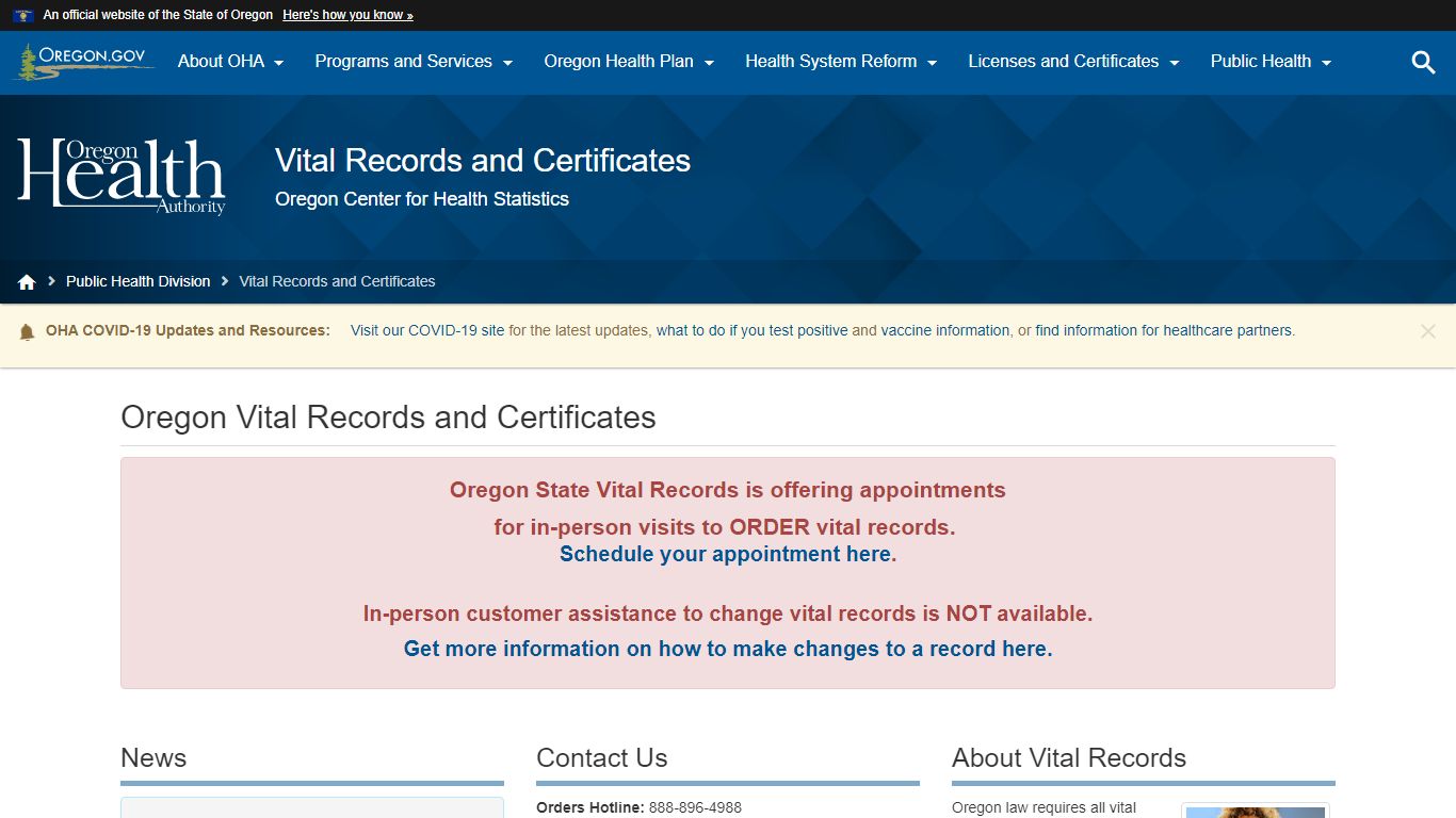 Oregon Vital Records and Certificates